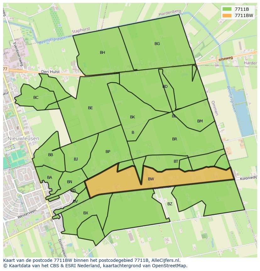 Afbeelding van het postcodegebied 7711 BW op de kaart.