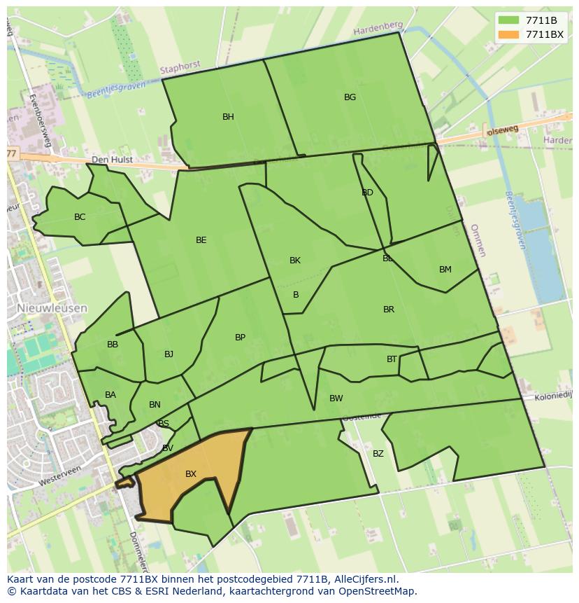 Afbeelding van het postcodegebied 7711 BX op de kaart.