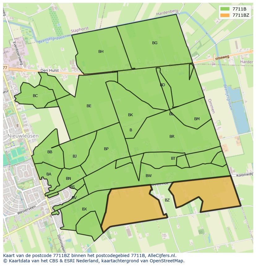 Afbeelding van het postcodegebied 7711 BZ op de kaart.