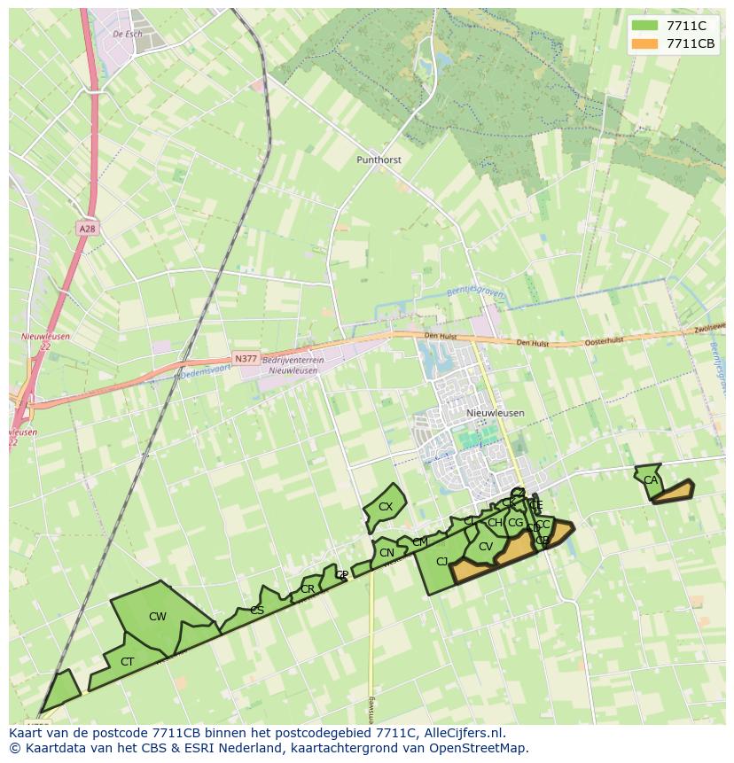 Afbeelding van het postcodegebied 7711 CB op de kaart.