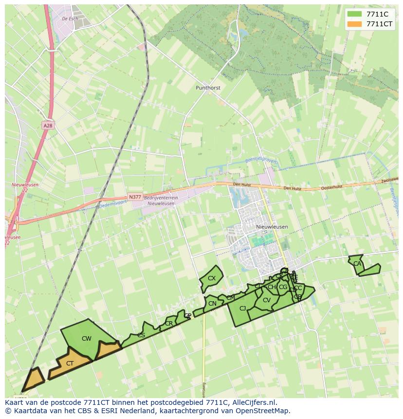 Afbeelding van het postcodegebied 7711 CT op de kaart.