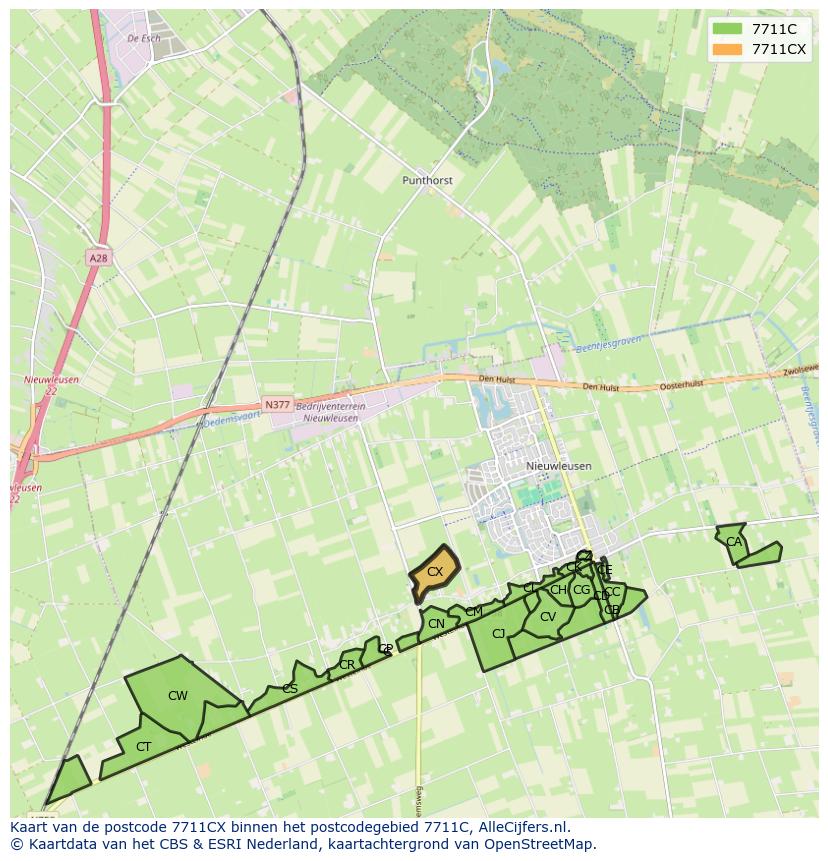 Afbeelding van het postcodegebied 7711 CX op de kaart.