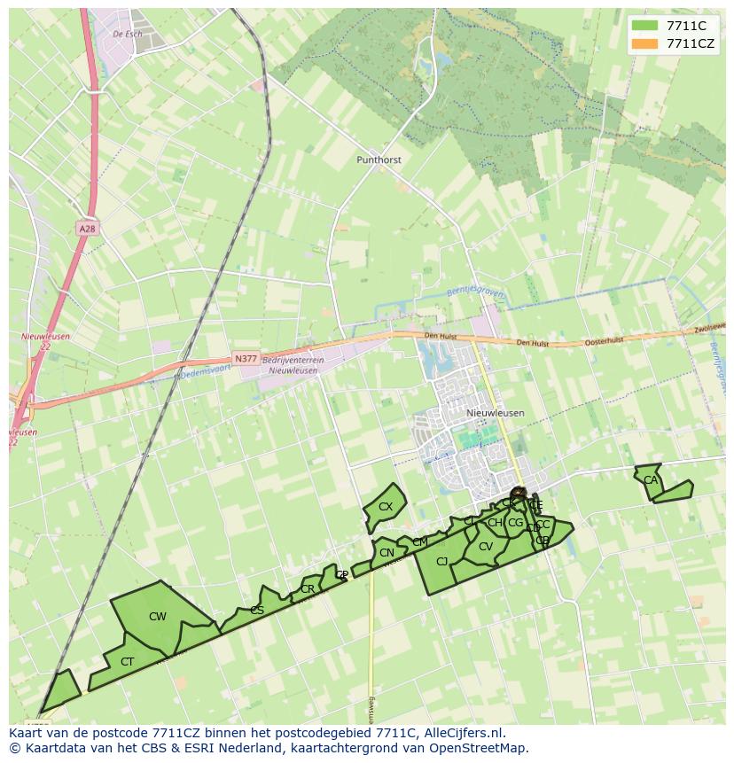 Afbeelding van het postcodegebied 7711 CZ op de kaart.