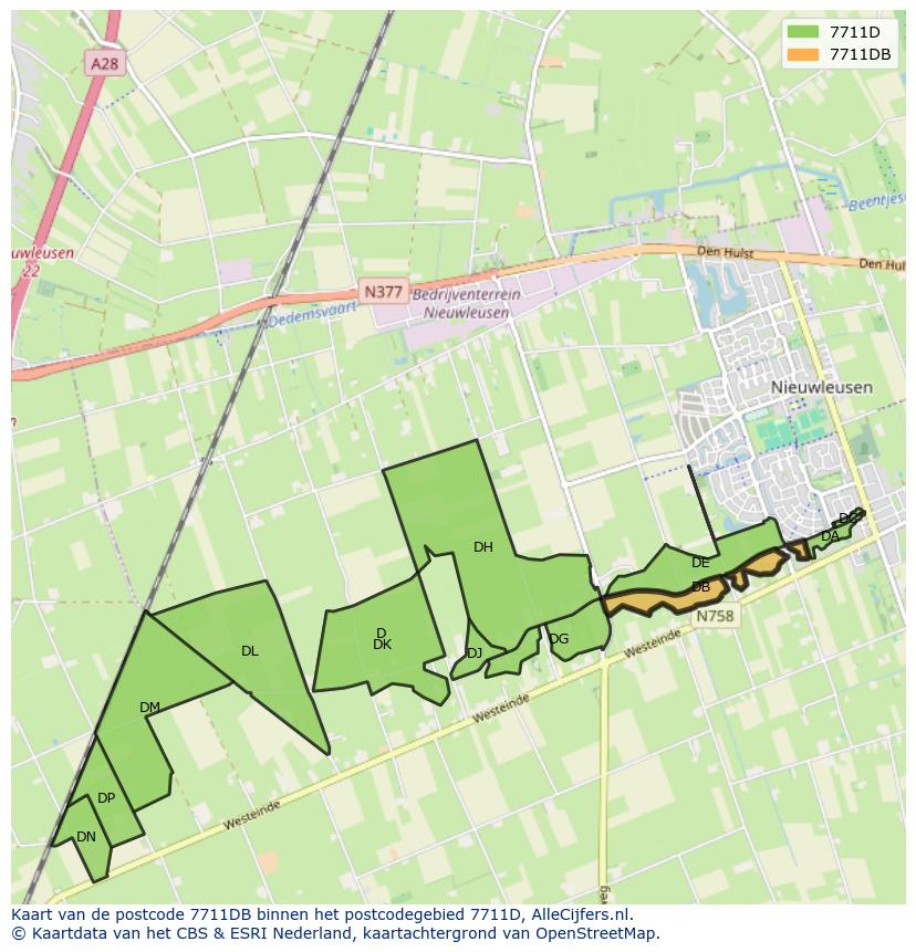 Afbeelding van het postcodegebied 7711 DB op de kaart.