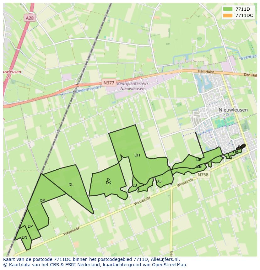 Afbeelding van het postcodegebied 7711 DC op de kaart.