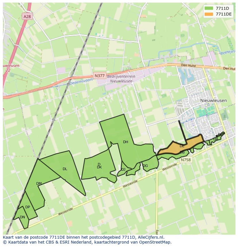 Afbeelding van het postcodegebied 7711 DE op de kaart.
