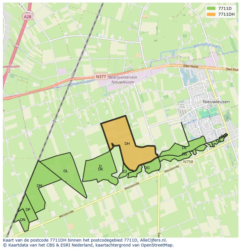 Afbeelding van het postcodegebied 7711 DH op de kaart.