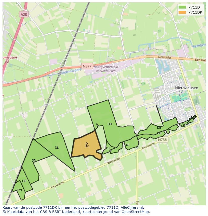 Afbeelding van het postcodegebied 7711 DK op de kaart.