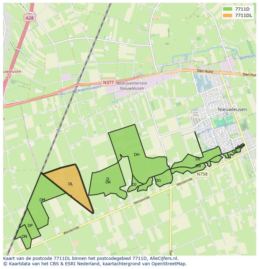 Afbeelding van het postcodegebied 7711 DL op de kaart.