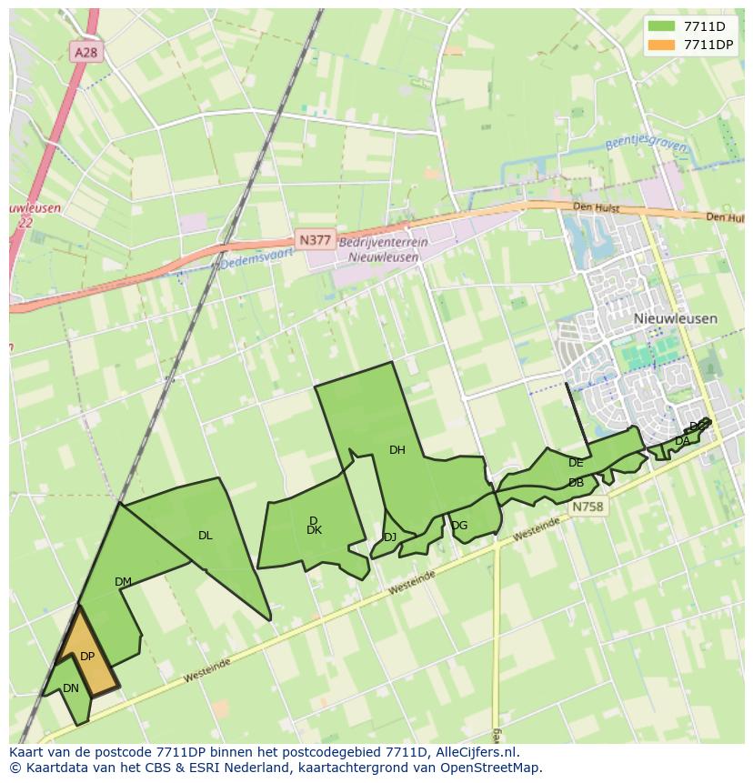Afbeelding van het postcodegebied 7711 DP op de kaart.