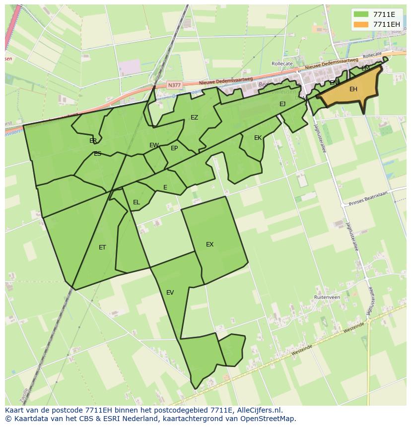 Afbeelding van het postcodegebied 7711 EH op de kaart.