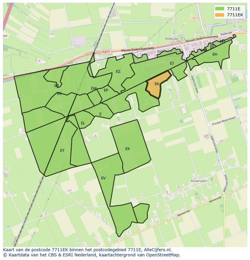 Afbeelding van het postcodegebied 7711 EK op de kaart.