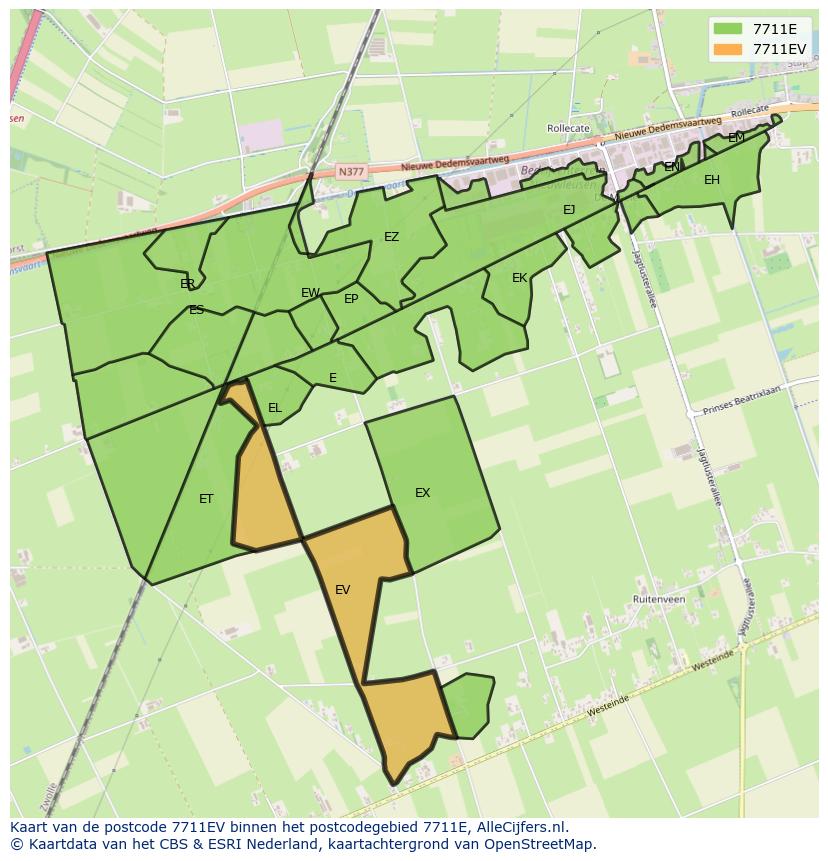 Afbeelding van het postcodegebied 7711 EV op de kaart.