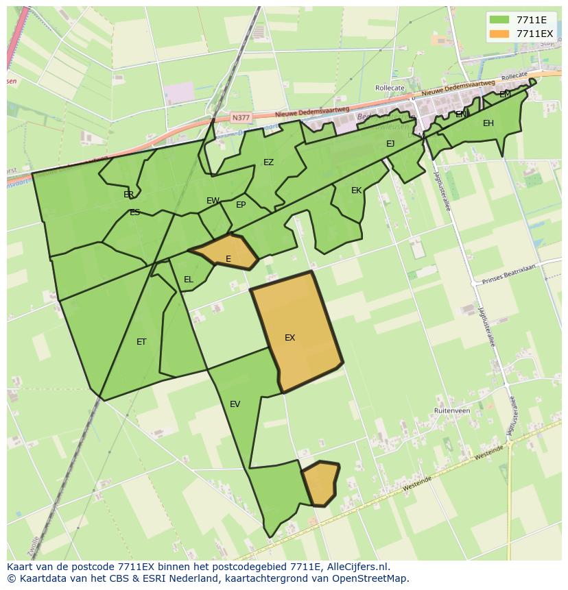 Afbeelding van het postcodegebied 7711 EX op de kaart.