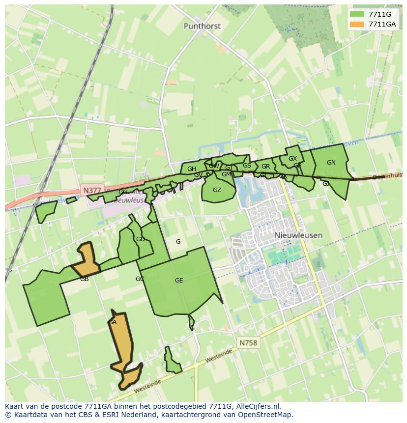 Afbeelding van het postcodegebied 7711 GA op de kaart.