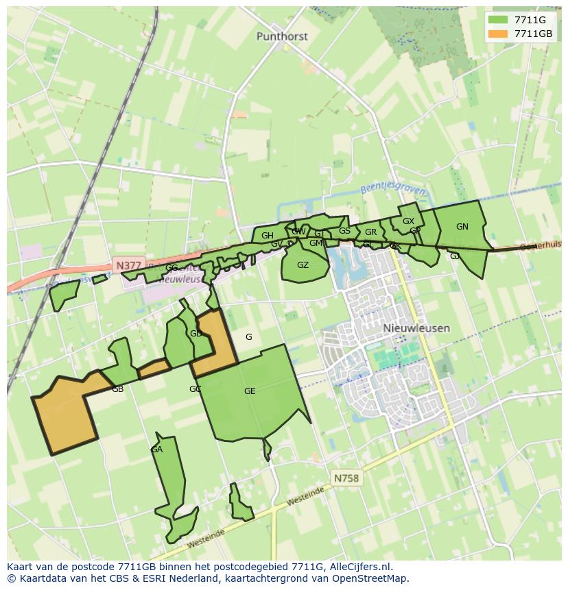 Afbeelding van het postcodegebied 7711 GB op de kaart.
