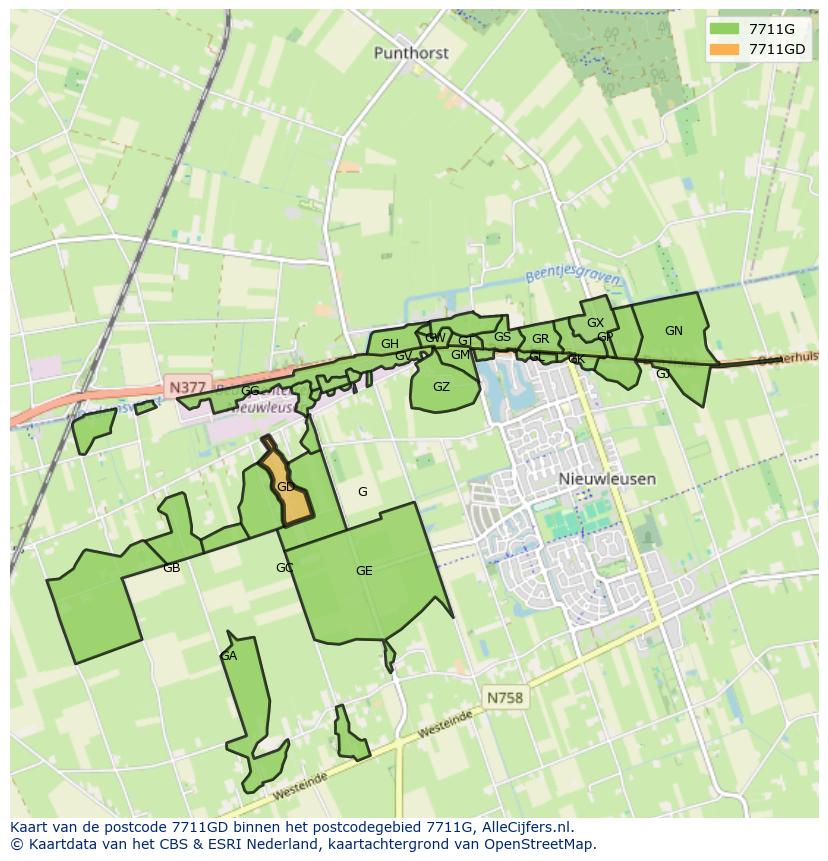 Afbeelding van het postcodegebied 7711 GD op de kaart.