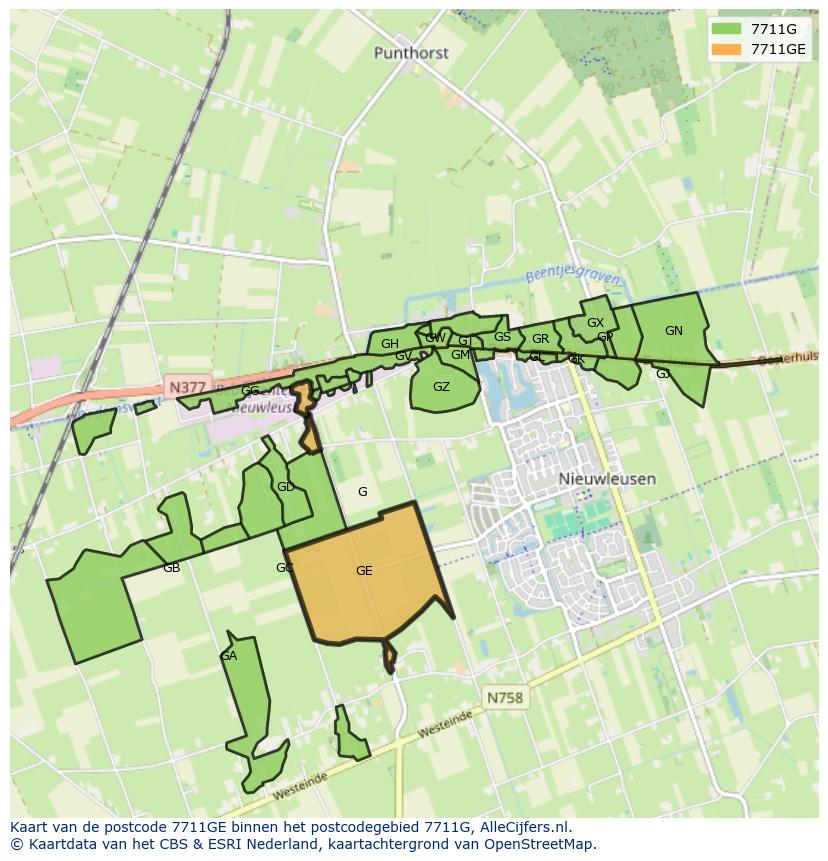 Afbeelding van het postcodegebied 7711 GE op de kaart.