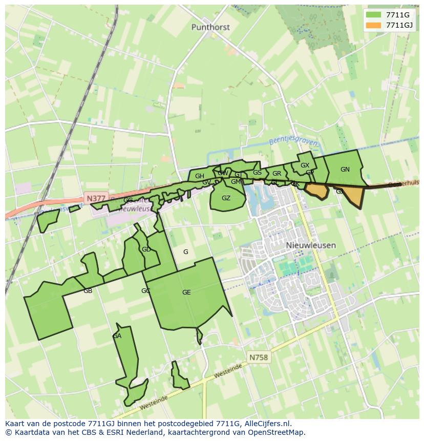 Afbeelding van het postcodegebied 7711 GJ op de kaart.