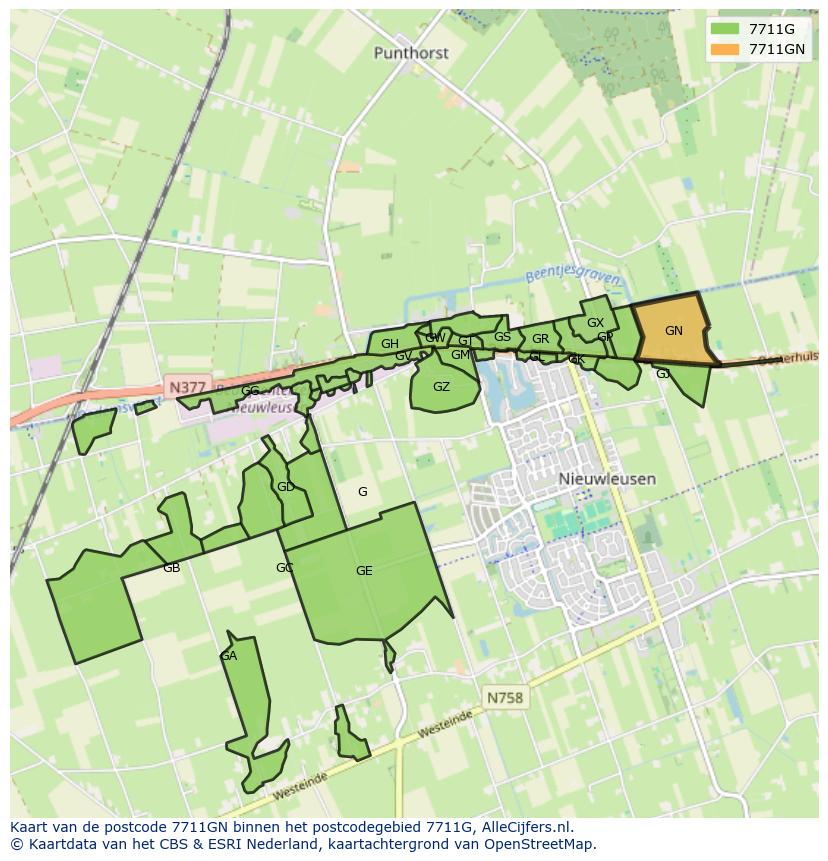 Afbeelding van het postcodegebied 7711 GN op de kaart.