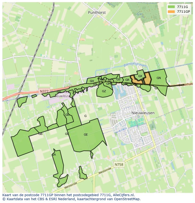 Afbeelding van het postcodegebied 7711 GP op de kaart.