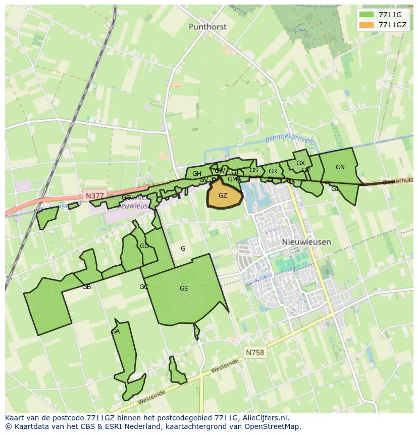Afbeelding van het postcodegebied 7711 GZ op de kaart.