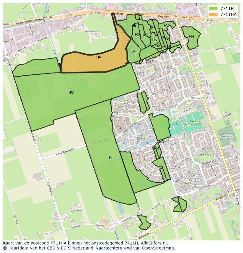 Afbeelding van het postcodegebied 7711 HA op de kaart.