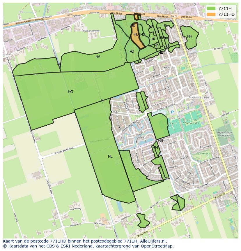 Afbeelding van het postcodegebied 7711 HD op de kaart.