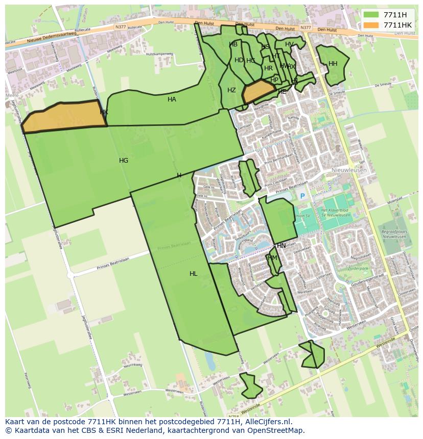 Afbeelding van het postcodegebied 7711 HK op de kaart.