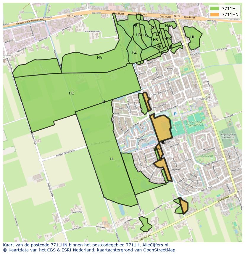Afbeelding van het postcodegebied 7711 HN op de kaart.
