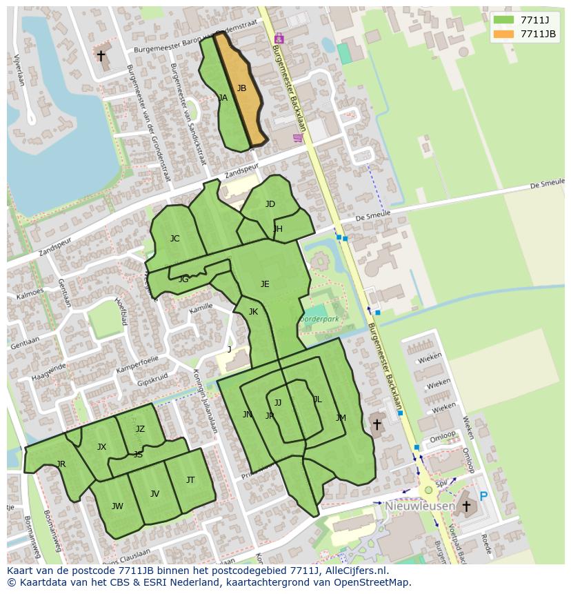 Afbeelding van het postcodegebied 7711 JB op de kaart.