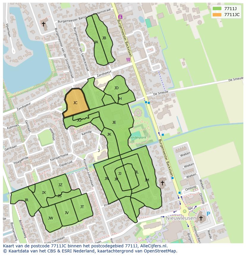 Afbeelding van het postcodegebied 7711 JC op de kaart.