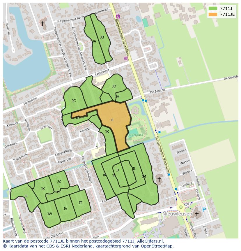 Afbeelding van het postcodegebied 7711 JE op de kaart.