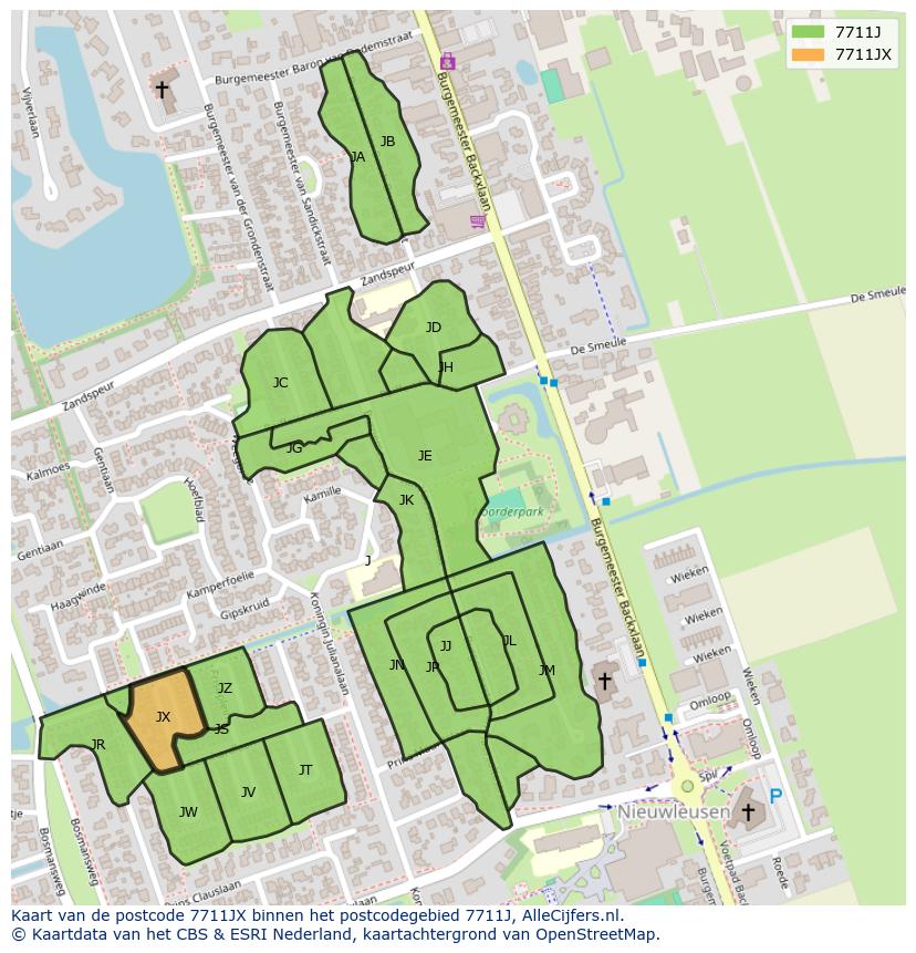 Afbeelding van het postcodegebied 7711 JX op de kaart.