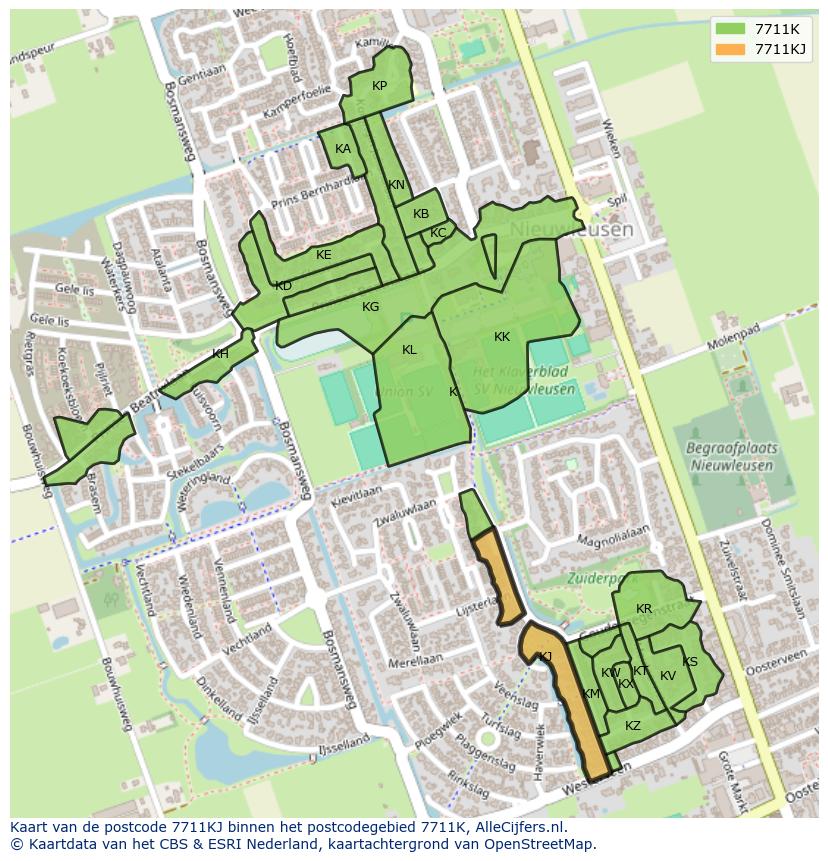 Afbeelding van het postcodegebied 7711 KJ op de kaart.