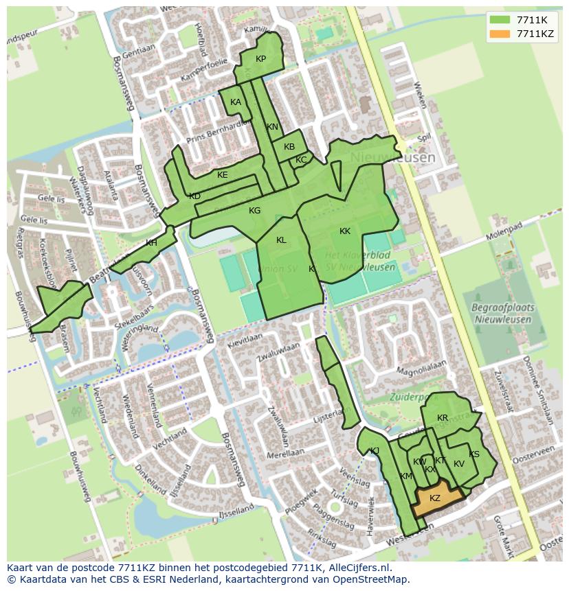 Afbeelding van het postcodegebied 7711 KZ op de kaart.