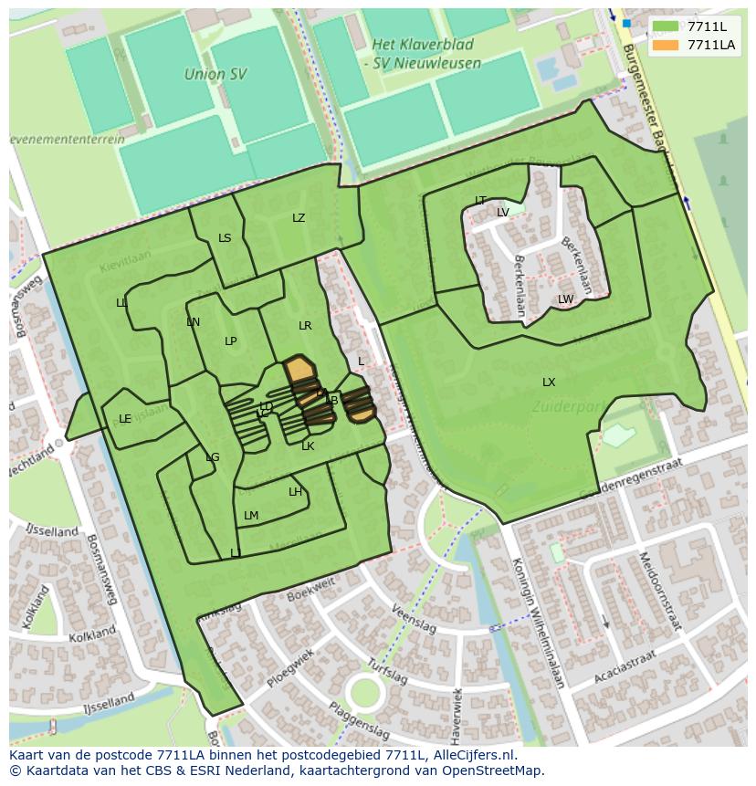 Afbeelding van het postcodegebied 7711 LA op de kaart.