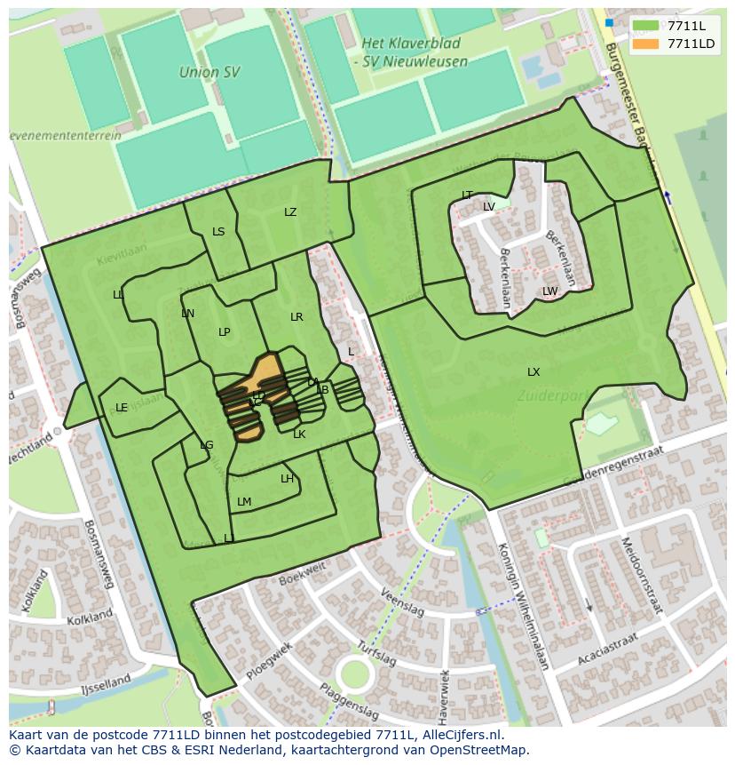 Afbeelding van het postcodegebied 7711 LD op de kaart.