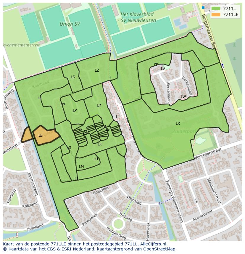 Afbeelding van het postcodegebied 7711 LE op de kaart.