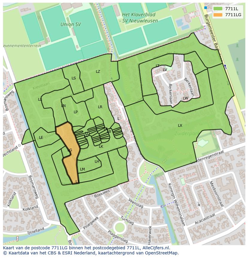 Afbeelding van het postcodegebied 7711 LG op de kaart.