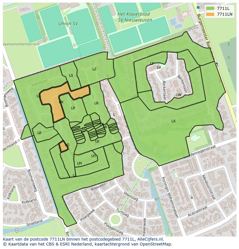 Afbeelding van het postcodegebied 7711 LN op de kaart.