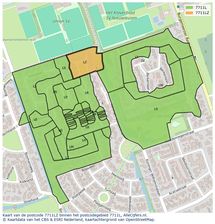 Afbeelding van het postcodegebied 7711 LZ op de kaart.
