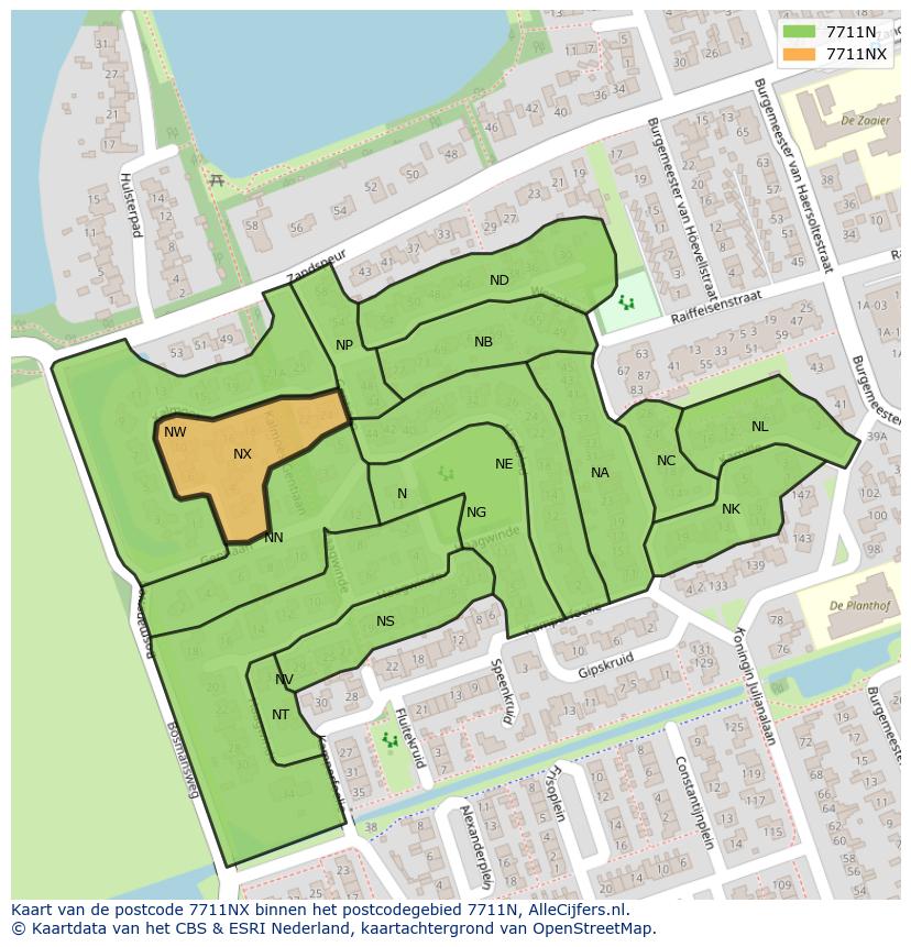 Afbeelding van het postcodegebied 7711 NX op de kaart.