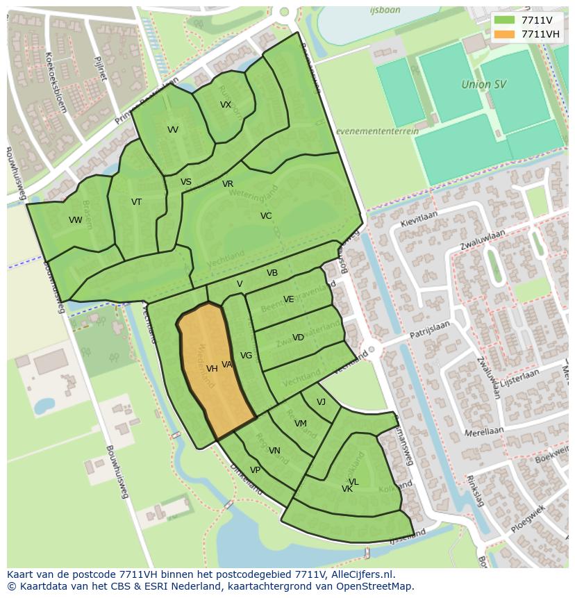 Afbeelding van het postcodegebied 7711 VH op de kaart.