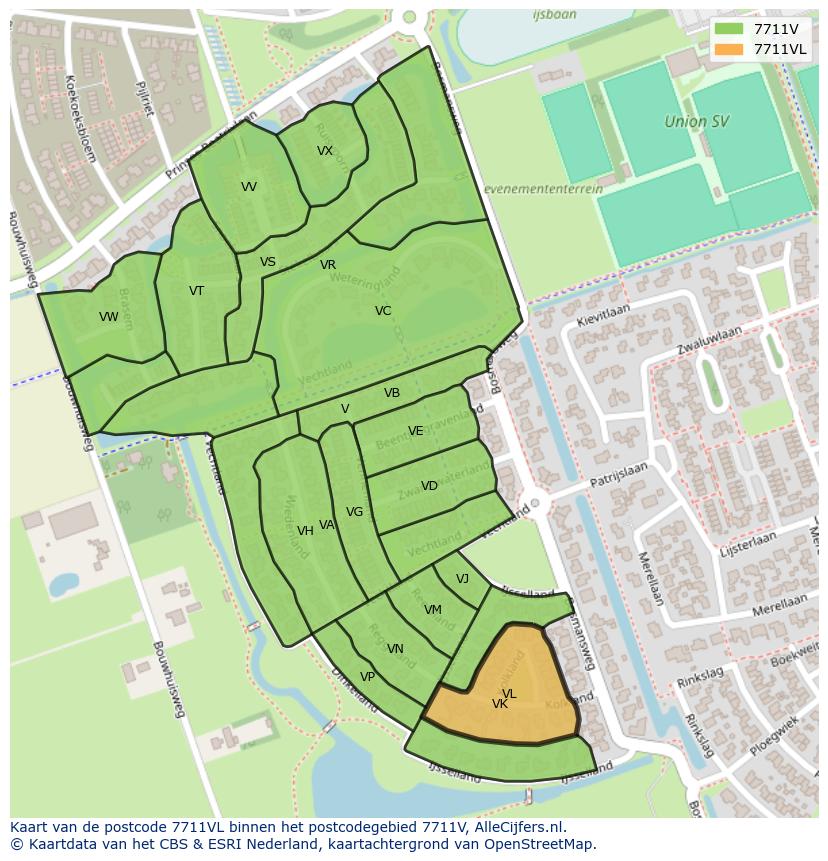 Afbeelding van het postcodegebied 7711 VL op de kaart.