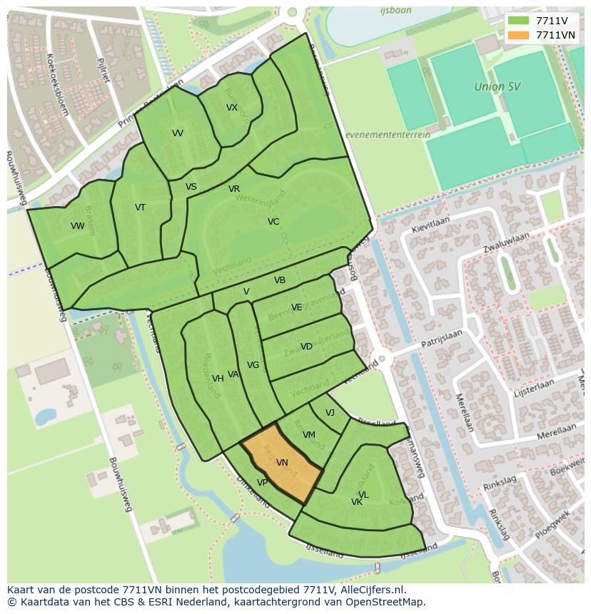 Afbeelding van het postcodegebied 7711 VN op de kaart.