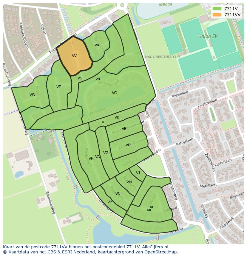 Afbeelding van het postcodegebied 7711 VV op de kaart.