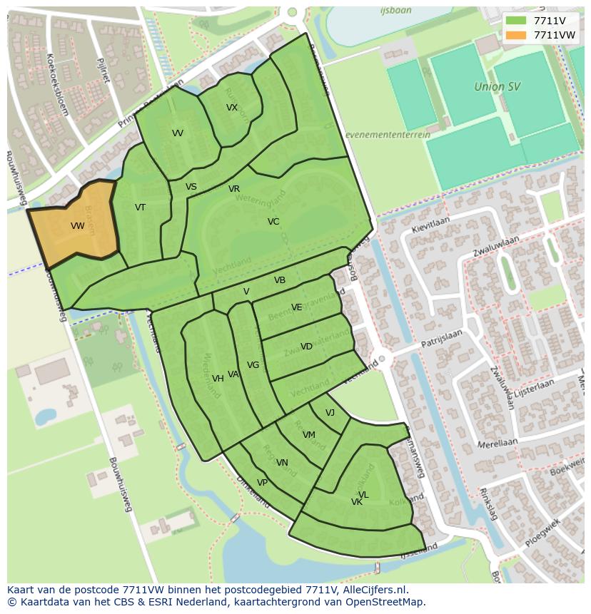 Afbeelding van het postcodegebied 7711 VW op de kaart.