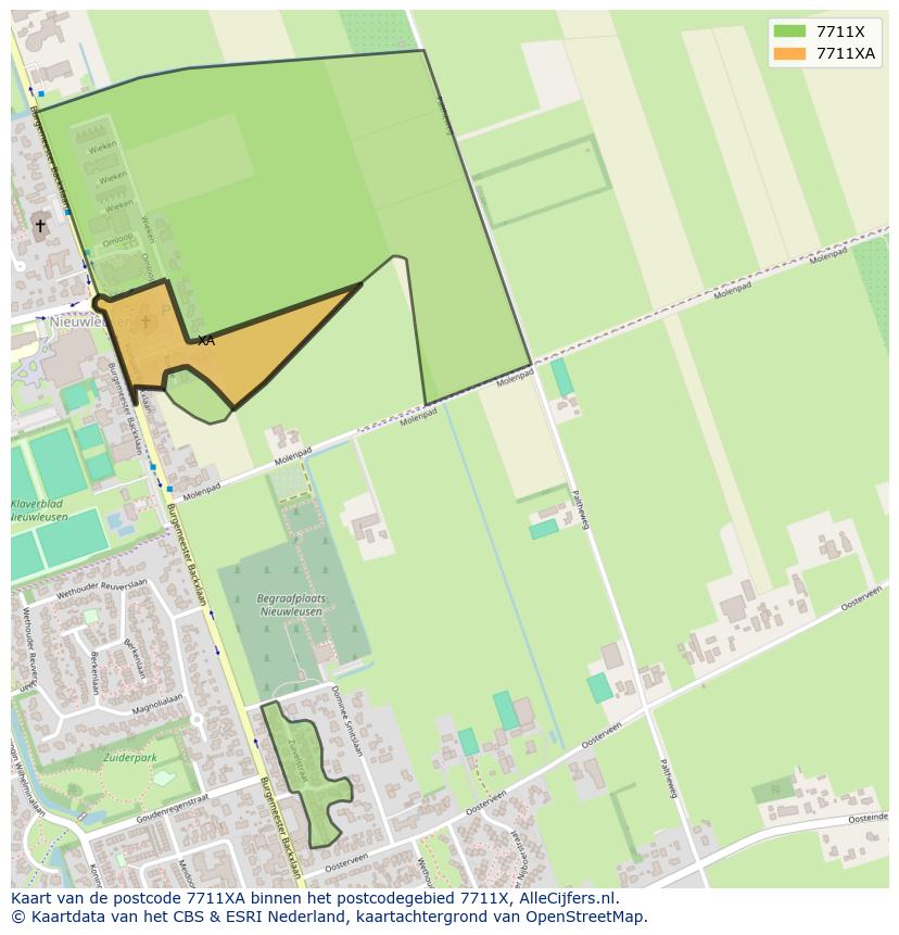 Afbeelding van het postcodegebied 7711 XA op de kaart.