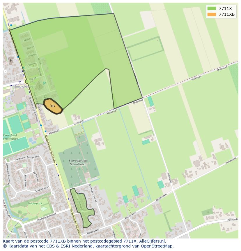 Afbeelding van het postcodegebied 7711 XB op de kaart.